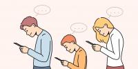 family with child walk using cellphone parents and kid addicted to smartphones technology and gadgets addiction illustration vector - Министерство здравоохранения