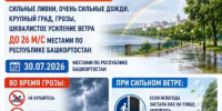 Внимание! По данным синоптиков, 30 июля 2026 года местами по Республике Башкортостан ожидаются: ???? сильные ливни и очень сильные дожди; - Караидельский район