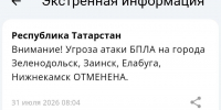Угроза атаки БПЛА на Зеленодольск, Заинск, Елабугу и Нижнекамск отменена - Реальное время