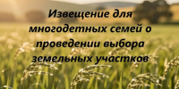Извещение для многодетных семей о проведении выбора земельных участков. - Администрация Алтайского района