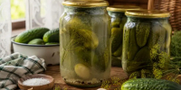 Домашняя кухня в конце августа: несколько стеклянных банок с консервированными огурцами стоят на деревянном столе, в одной банке заметно слегка мутный рассол и небольшой осадок, рядом свежие огурцы, укроп, чеснок, соль и кухонное полотенце, естественный д - SyasNews.Ru
