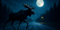 Лось ночью на трассе / Изображение сгенерировано нейросетью DALL-E / amic.ru - ИА Амител