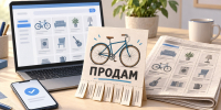 Ноутбук и смартфон рядом с газетой и бумажным объявлением о продаже велосипеда - 168.Ru