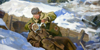 Гуля Королёва перевязывает раненого. Сталинград, 1942 год. Фрагмент панорамы "Разгром немецко-фашистских войск под Сталинградом". - КПРФ