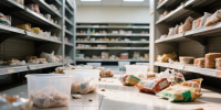 Пластиковые контейнеры и упаковки с продуктами разбросаны на полу между магазинными стеллажами. - 168.Ru