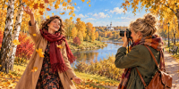 Две подруги устраивают осеннюю фотосессию среди золотых деревьев у реки - 168.Ru