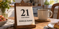 Отрывной календарь на 21 сентября, понедельник, и чашка кофе на деревянном кухонном столе. - 168.Ru