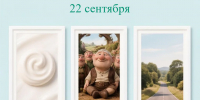 Надпись «22 сентября» и три рамки с белым кремовым завитком, сказочными персонажами и дорогой среди деревьев - 168.Ru
