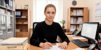 Сотрудница за офисным столом заполняет документ рядом со стопкой папок, компьютером и телефоном - 168.Ru