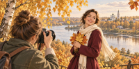 Осенняя фотосессия: девушка с букетом золотых листьев позирует фотографу на фоне реки - 168.Ru