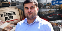 Коллаж: портрет мужчины на переднем плане на фоне дорожных катков и асфальта, стопка денег, папка с надписью «УГОЛОВНОЕ ДЕЛО», схема маршрута Иваново—Кинешма и дорожный знак «Кинешма». - 168.Ru