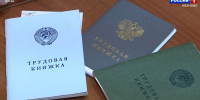 Три трудовые книжки (белая, серая, зелёная) на столе; видны телеканальные подписи и титры. - 168.Ru