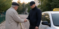 пожилой мужчина передаёт пачку наличных молодому мужчине рядом с автомобилем с шашечкой такси на городской улице - 168.Ru