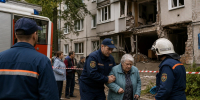 Спасатели помогают пожилой женщине на фоне повреждённого многоквартирного дома и пожарной машины - 168.Ru