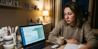 Женщина за столом с косметикой у ноутбука; на экране чат с суммой перевода, на столе открытый паспорт и блокнот - 168.Ru