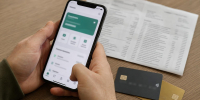 Руки держат смартфон с интерфейсом мобильного банка; рядом две банковские карты и бумажная банковская выписка на столе. - 168.Ru