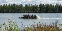 Кормление рыбы на пруду со специального катамарана. Архивное фото - Fishnews.Ru