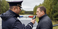 Сотрудник полиции проводит проверку водителя алкотестером у служебного автомобиля с проблесковыми лампами на просёлочной дороге - 168.Ru