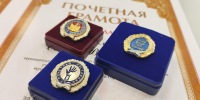 На фото — нагрудные знаки в футлярах на фоне почётной грамоты за добросовестный труд в сфере образования. - Министерство образования и науки