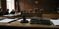 Деревянный судейский молоток на подставке и тёмные папки на столе - Newsroom24.Ru