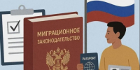 рисунок: человек держит паспорт и документы. Рядом флаг России, книга с гербом. - МО Кирово-Чепецк