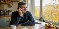 Мужчина звонит по телефону за кухонным столом, рядом лежат блокнот и ручка. - 168.Ru