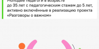 Плакат/афиша проекта: заголовок про участие и блок с текстом об условиях (педагоги до 35 лет, стаж до 5 лет); яркая иллюстрация двух людей, ведущих беседу - 168.Ru