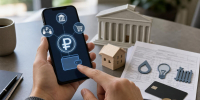 Рука держит смартфон с приложением цифрового рубля на экране, на столе фигурки дома и банка и счета с иконками коммунальных услуг - 168.Ru