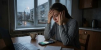 молодая женщина за кухонным столом, опирается на голову; перед ней смартфон, ноутбук и бумаги - 168.Ru
