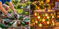Пустые стеклянные бутылки - бесценный материал для дачных конструкций: сложил по кругу, залил гипсом — и уличный стол-светильник готов - PRO Город Владимир
