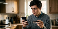 молодой мужчина в кухне держит банковскую карту и смотрит на смартфон с обеспокоенным выражением - 168.Ru