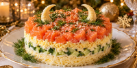 Новогодний салат «Золотые рожки» с семгой и сырками: нежный, яркий и без привычных картошки и моркови — Огненная Коза оценит - Progorod33.Ru
